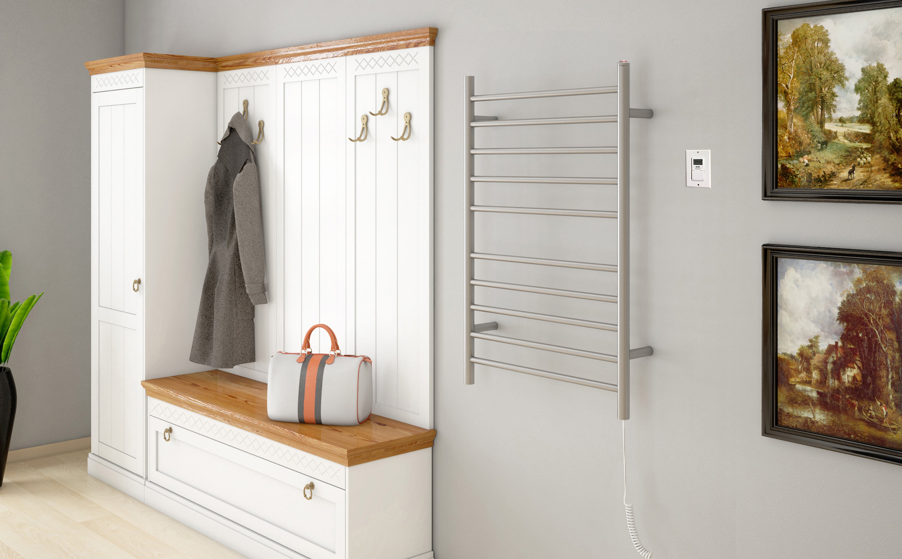 Chauffe-serviettes à 10 barres câblé Comfort Dual en acier inoxydable brossé avec minuterie