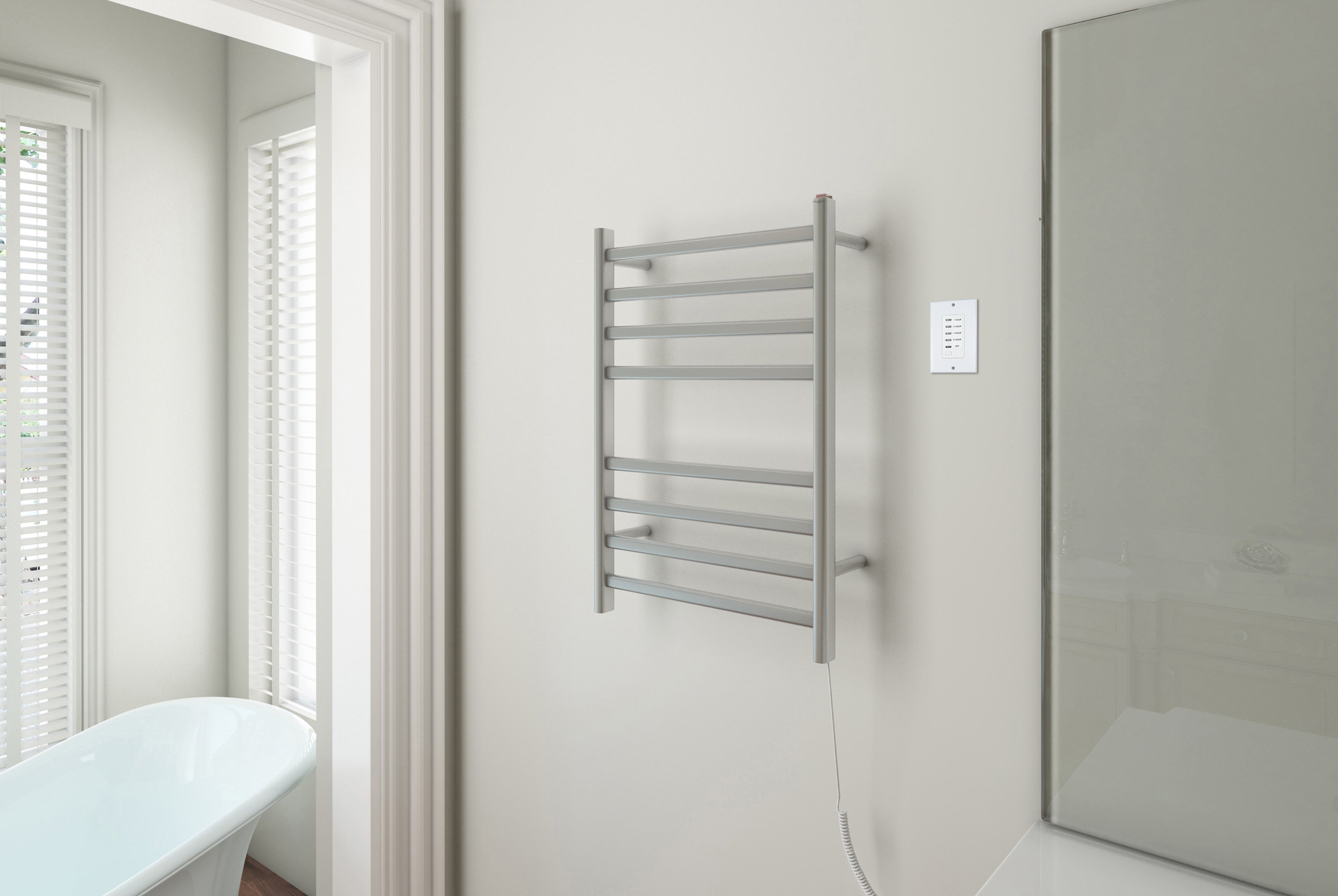 Prima Dual Extended 8-Bar Hardwired and Plug-in Electric Towel Warmer in Brushed Stainless Steel with Wall Countdown Timer