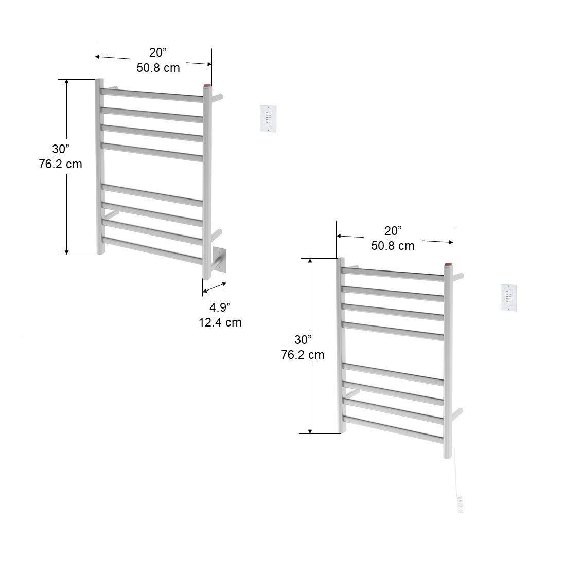 Prima Dual Extended 8-Bar Hardwired and Plug-in Electric Towel Warmer in Brushed Stainless Steel with Wall Countdown Timer