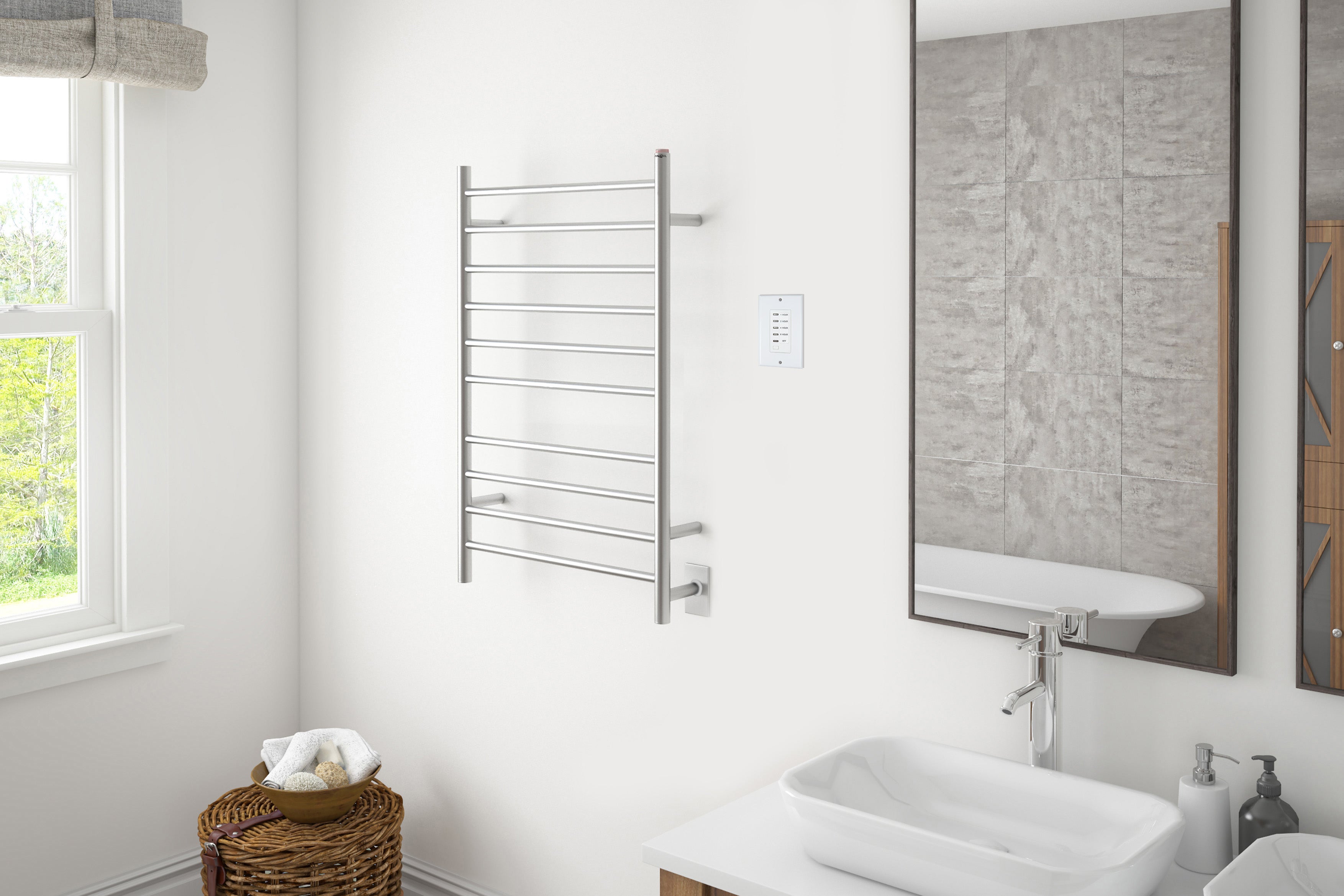 Novara Dual 10-Bar Wall Mount Towel Warmer in Brushed Stainless Steel with Wall Countdown Timer