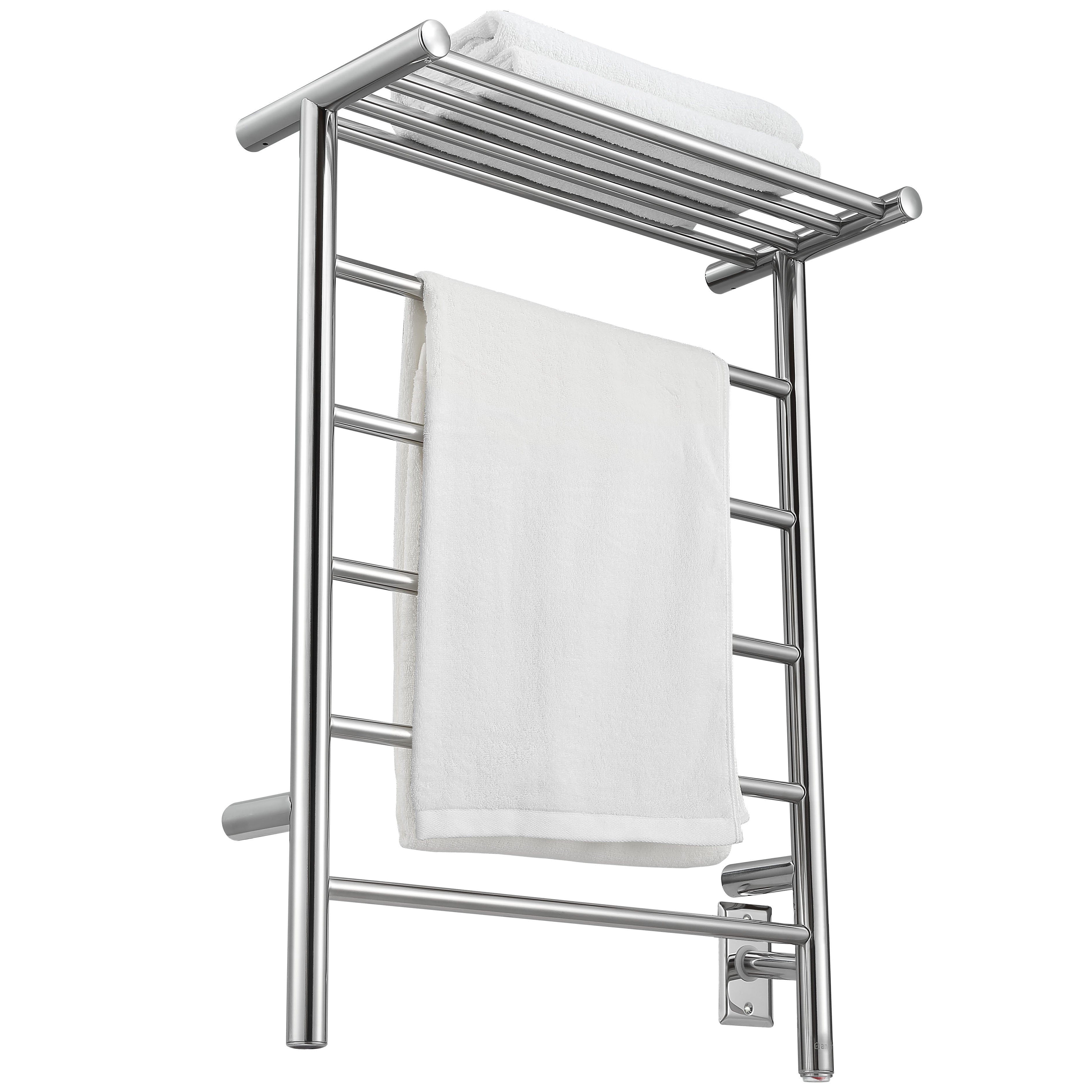 Miazzo 5-Bar Electric Wall Mount Plug-In and Hardwire Towel Warmer with Shelf in Polished Stainless Steel
