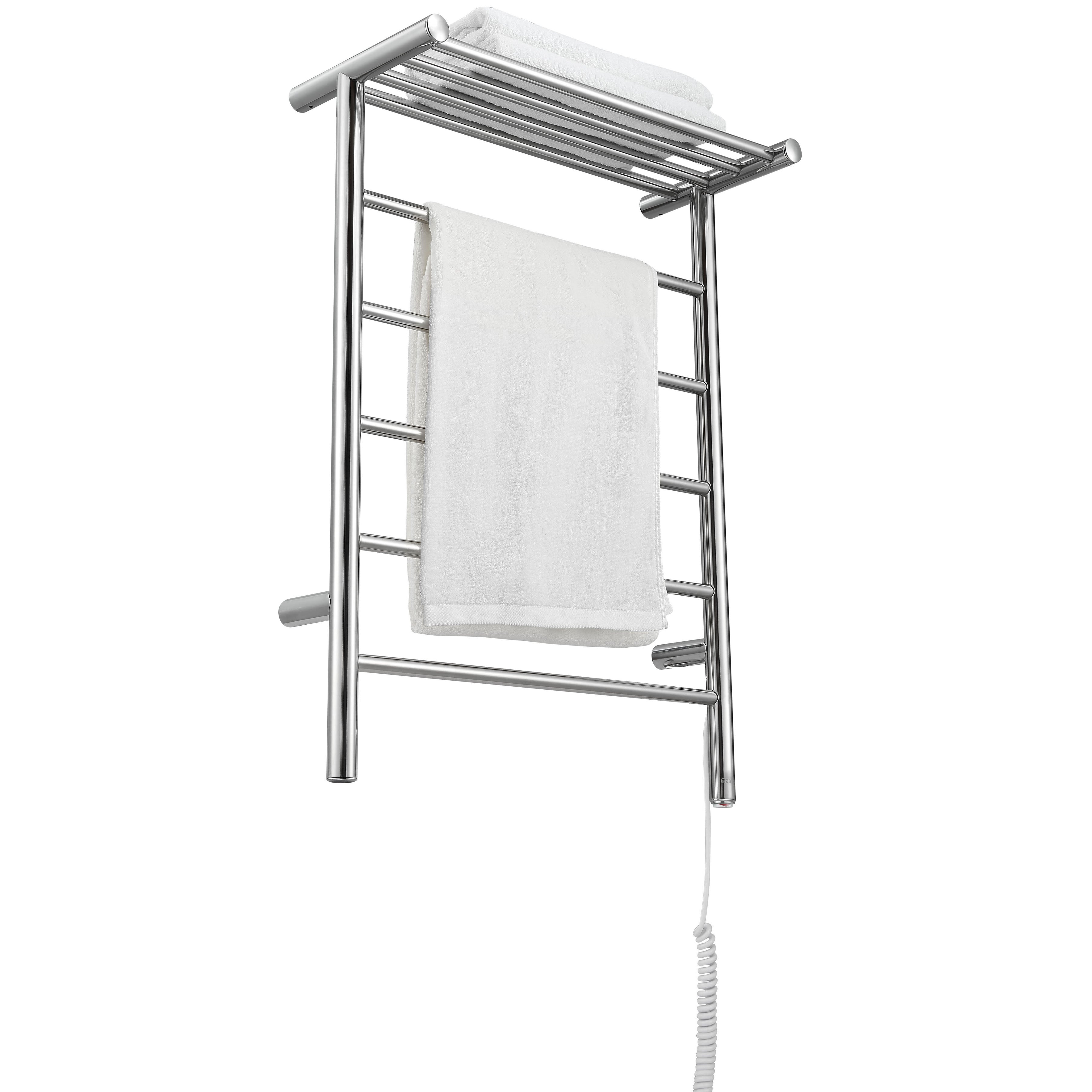 Miazzo 5-Bar Electric Wall Mount Plug-In and Hardwire Towel Warmer with Shelf in Polished Stainless Steel
