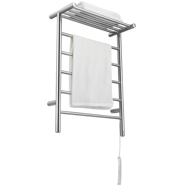 Miazzo 5-Bar Electric Wall Mount Plug-In and Hardwire Towel Warmer with Shelf in Polished Stainless Steel