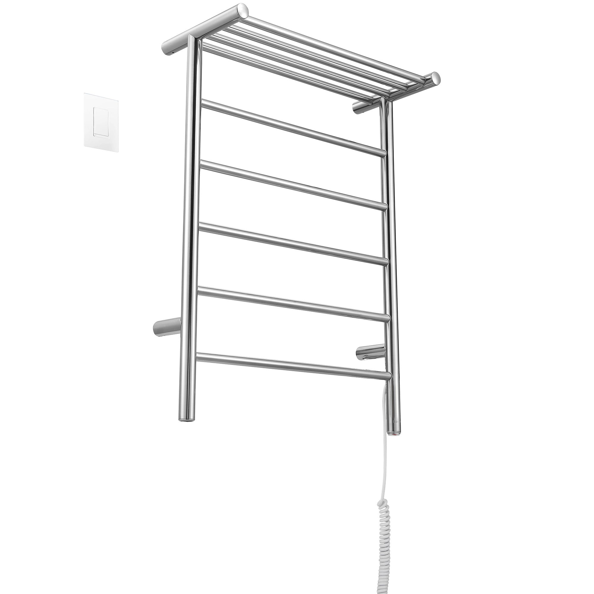 Miazzo 5-Bar Electric Wall Mount Plug-In and Hardwire Towel Warmer with Shelf in Polished Stainless Steel with Wall WiFi Timer