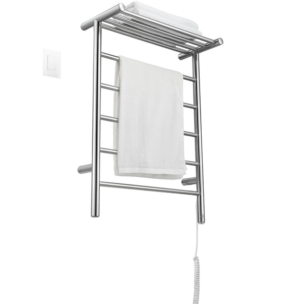Miazzo 5-Bar Electric Wall Mount Plug-In and Hardwire Towel Warmer with Shelf in Polished Stainless Steel with Wall WiFi Timer