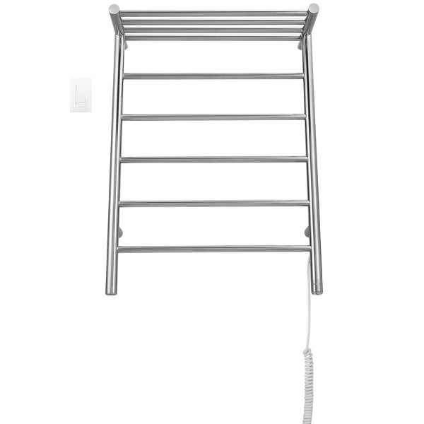 Miazzo 5-Bar Electric Wall Mount Plug-In and Hardwire Towel Warmer with Shelf in Polished Stainless Steel with Wall WiFi Timer