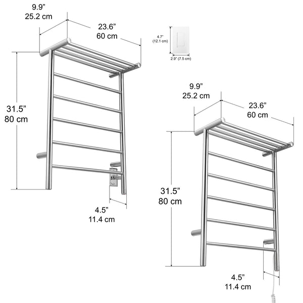 Miazzo 5-Bar Electric Wall Mount Plug-In and Hardwire Towel Warmer with Shelf in Polished Stainless Steel with Wall WiFi Timer