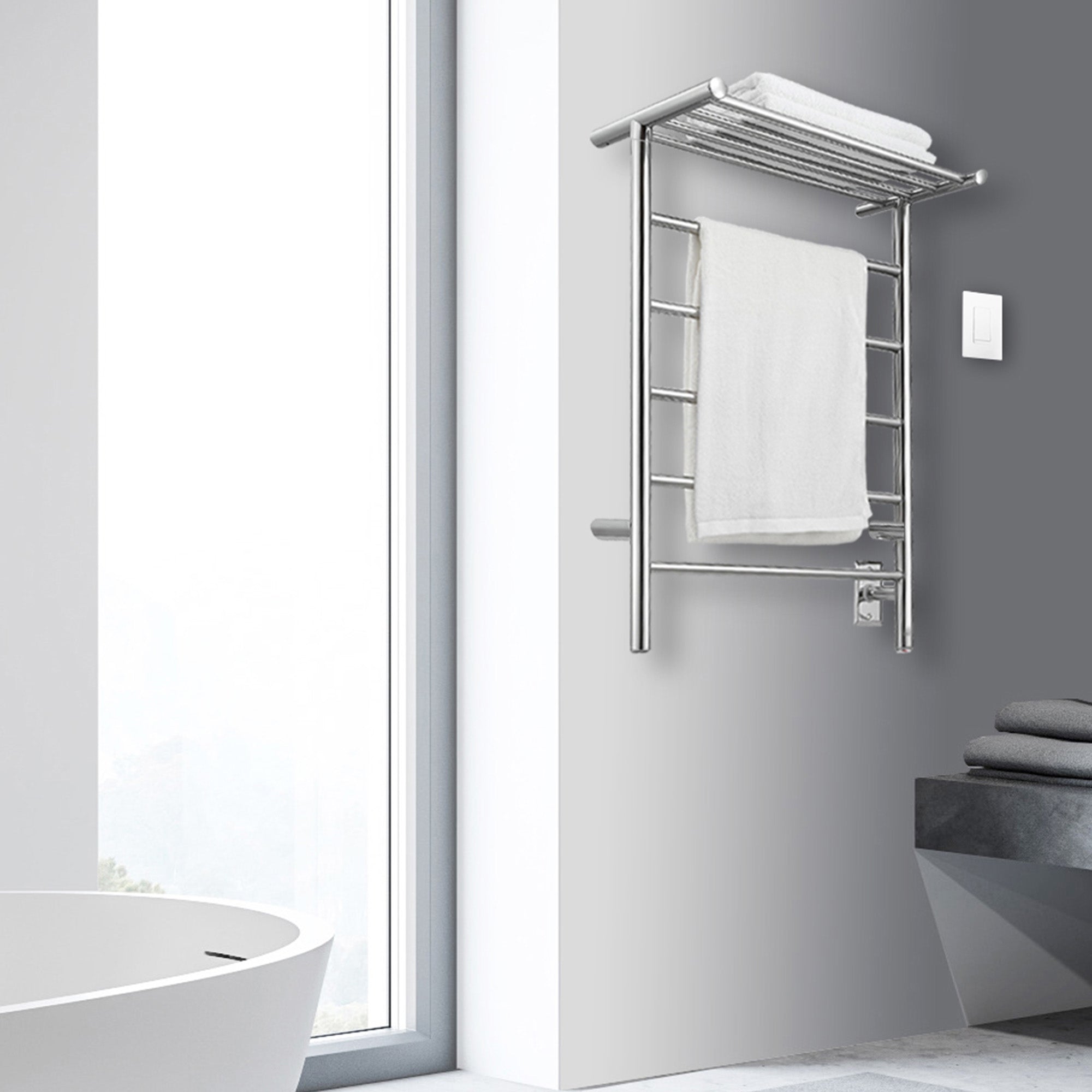 Miazzo 5-Bar Electric Wall Mount Plug-In and Hardwire Towel Warmer with Shelf in Polished Stainless Steel with Wall WiFi Timer