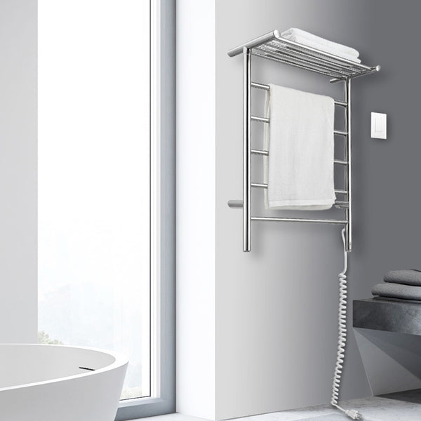 Miazzo 5-Bar Electric Wall Mount Plug-In and Hardwire Towel Warmer with Shelf in Polished Stainless Steel with Wall WiFi Timer