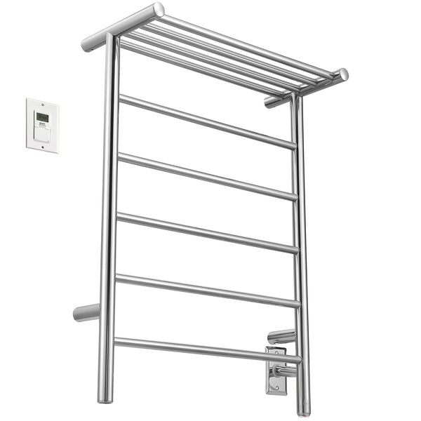 Miazzo 5-Bar Electric Wall Mount Plug-In and Hardwire Towel Warmer with Shelf in Polished Stainless Steel with Digital Wall Timer