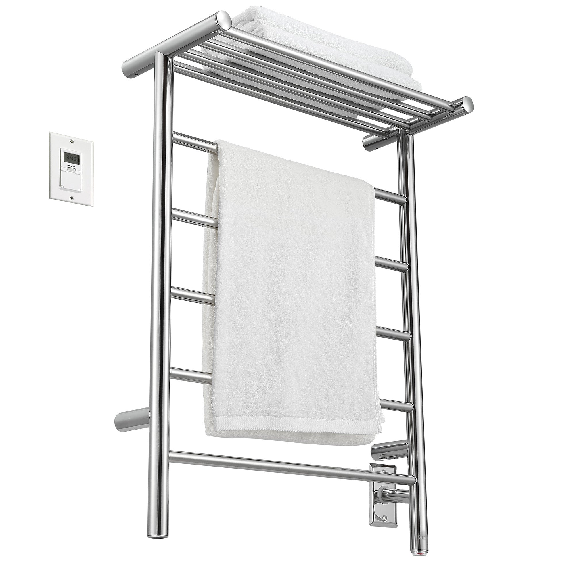 Miazzo 5-Bar Electric Wall Mount Plug-In and Hardwire Towel Warmer with Shelf in Polished Stainless Steel with Digital Wall Timer