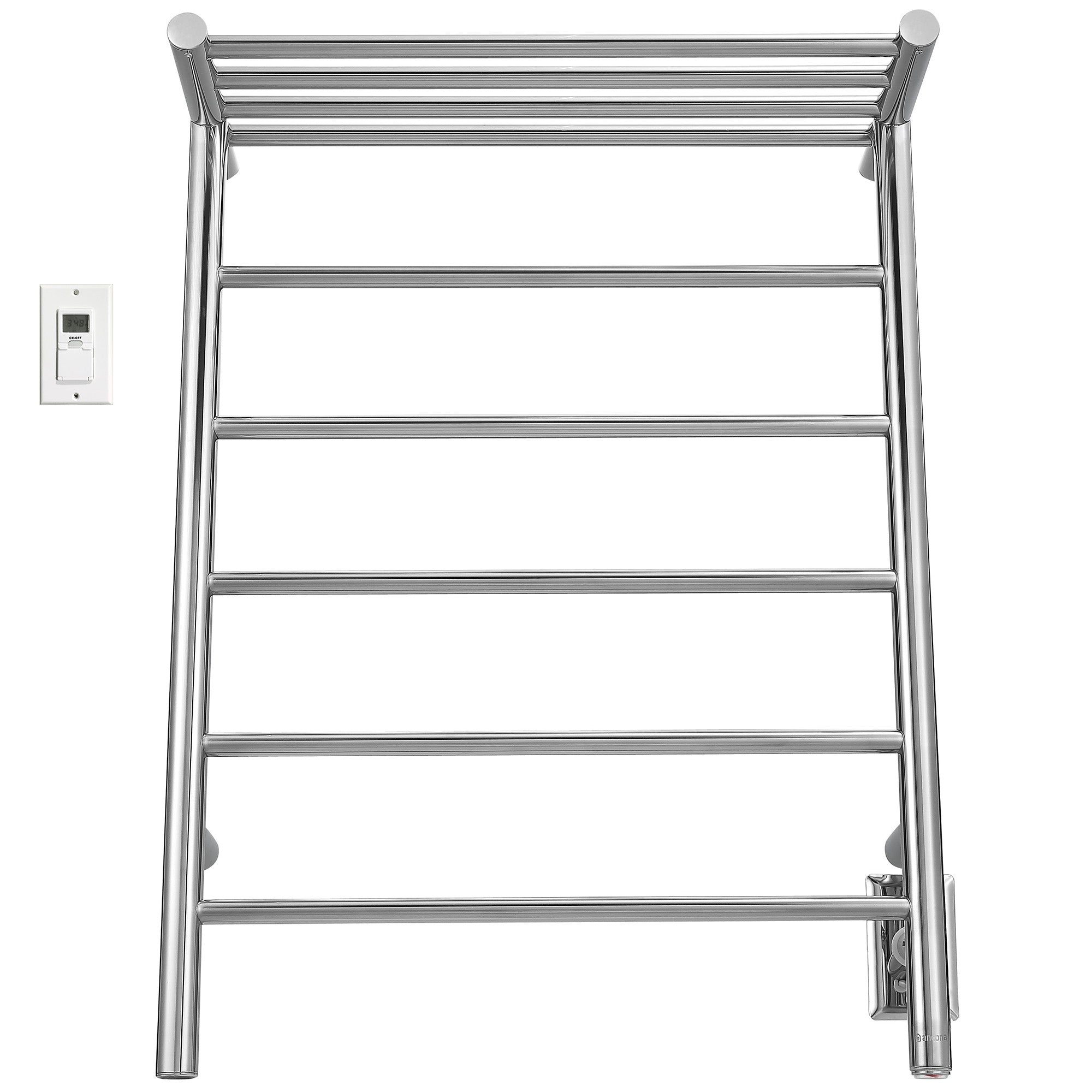 Miazzo 5-Bar Electric Wall Mount Plug-In and Hardwire Towel Warmer with Shelf in Polished Stainless Steel with Digital Wall Timer