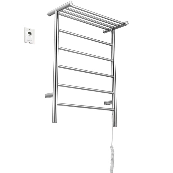 Miazzo 5-Bar Electric Wall Mount Plug-In and Hardwire Towel Warmer with Shelf in Polished Stainless Steel with Digital Wall Timer