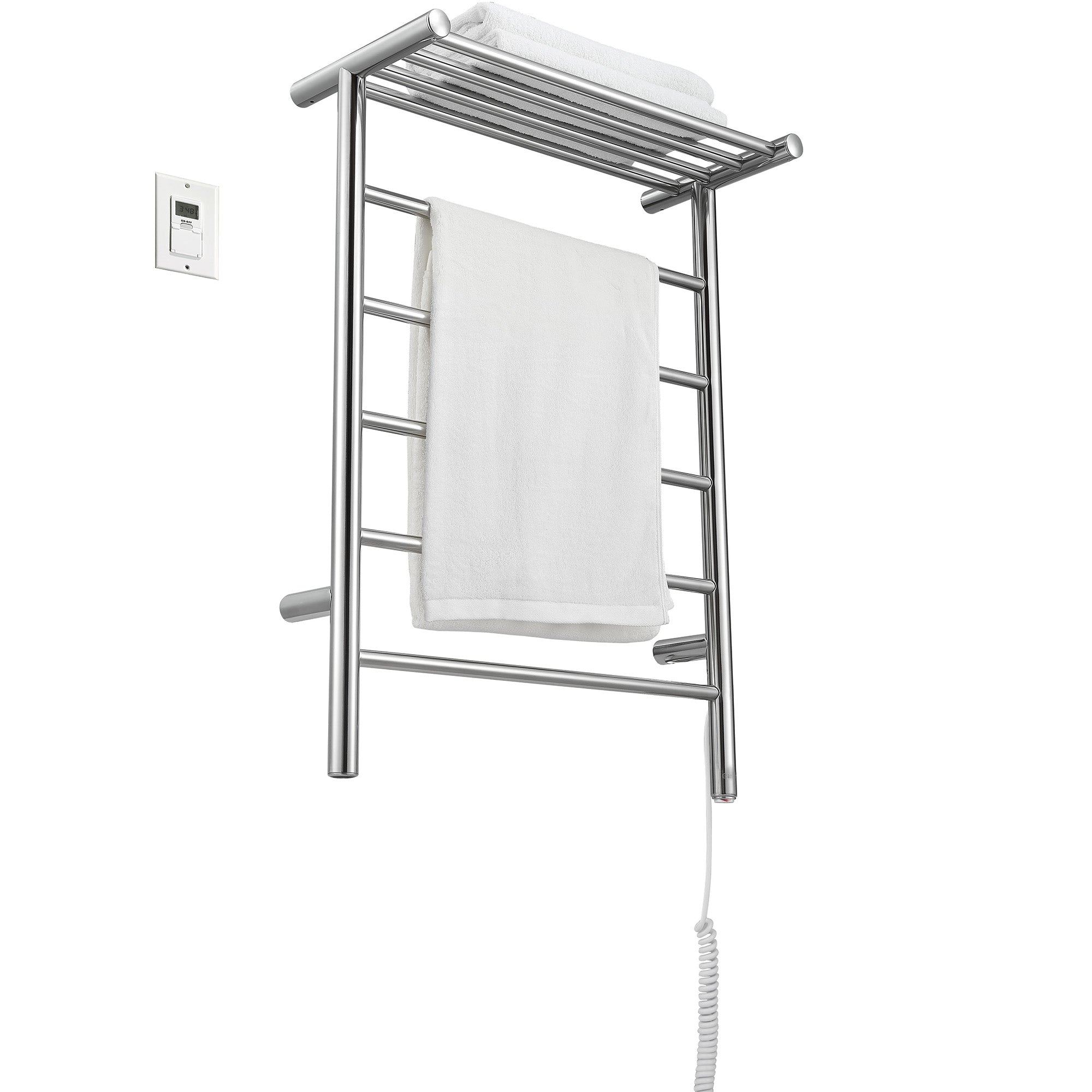 Miazzo 5-Bar Electric Wall Mount Plug-In and Hardwire Towel Warmer with Shelf in Polished Stainless Steel with Digital Wall Timer