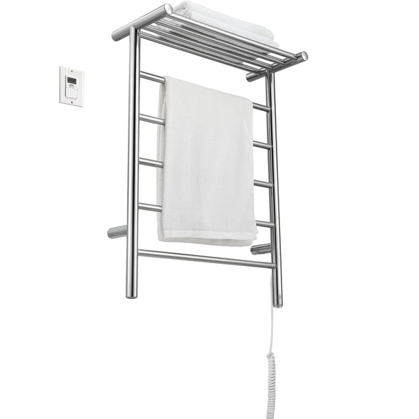 Miazzo 5-Bar Electric Wall Mount Plug-In and Hardwire Towel Warmer with Shelf in Polished Stainless Steel with Digital Wall Timer