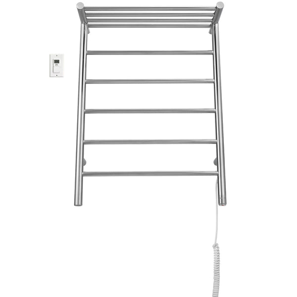 Miazzo 5-Bar Electric Wall Mount Plug-In and Hardwire Towel Warmer with Shelf in Polished Stainless Steel with Digital Wall Timer