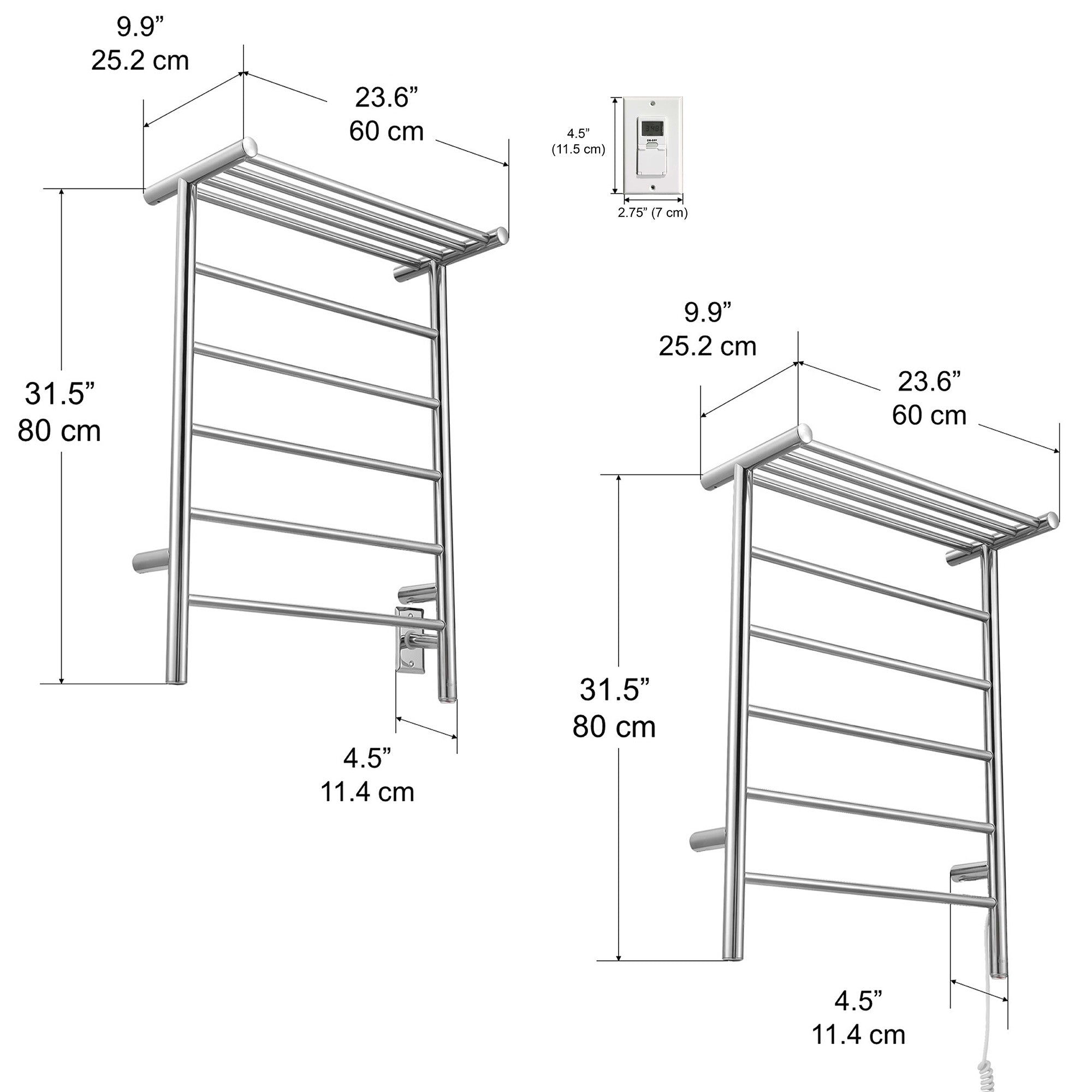 Miazzo 5-Bar Electric Wall Mount Plug-In and Hardwire Towel Warmer with Shelf in Polished Stainless Steel with Digital Wall Timer