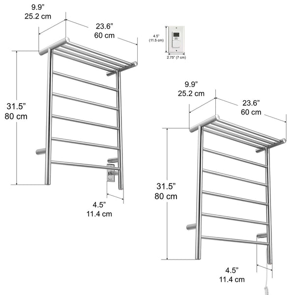 Miazzo 5-Bar Electric Wall Mount Plug-In and Hardwire Towel Warmer with Shelf in Polished Stainless Steel with Digital Wall Timer