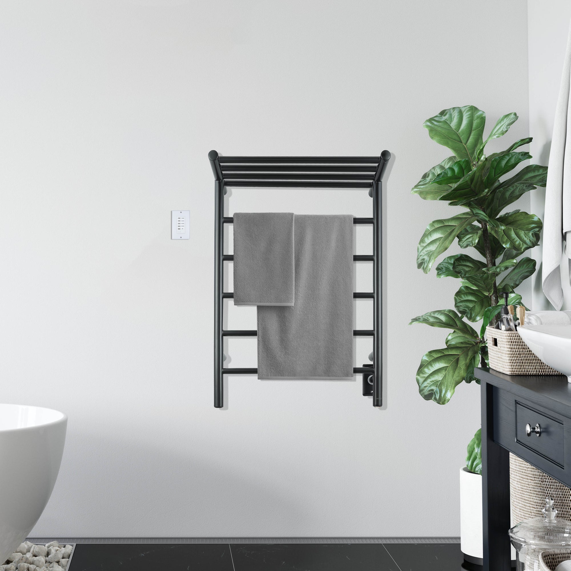 Ancona Miazzo 5-Bar Electric Wall Mount Plug-In and Hardwire Towel Warmer with Shelf and Countdown Timer in Matte Black