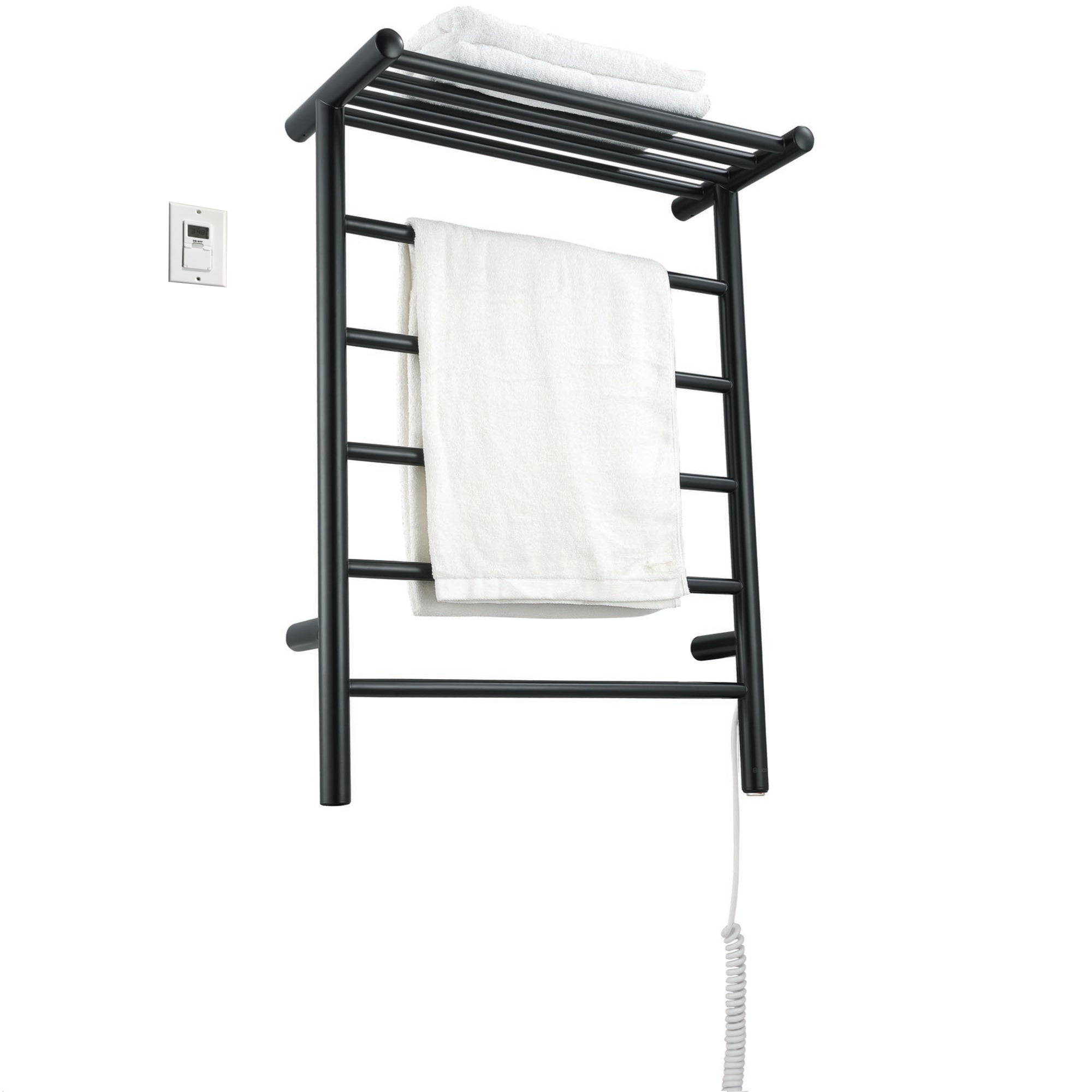 Ancona Miazzo 5-Bar Electric Wall Mount Plug-In and Hardwire Towel Warmer with Shelf and Wall Timer in Matte Black