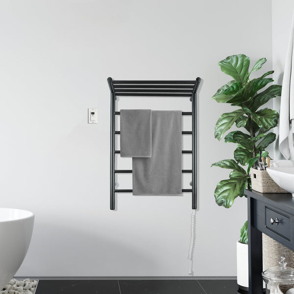 Ancona Miazzo 5-Bar Electric Wall Mount Plug-In and Hardwire Towel Warmer with Shelf and Wall Timer in Matte Black