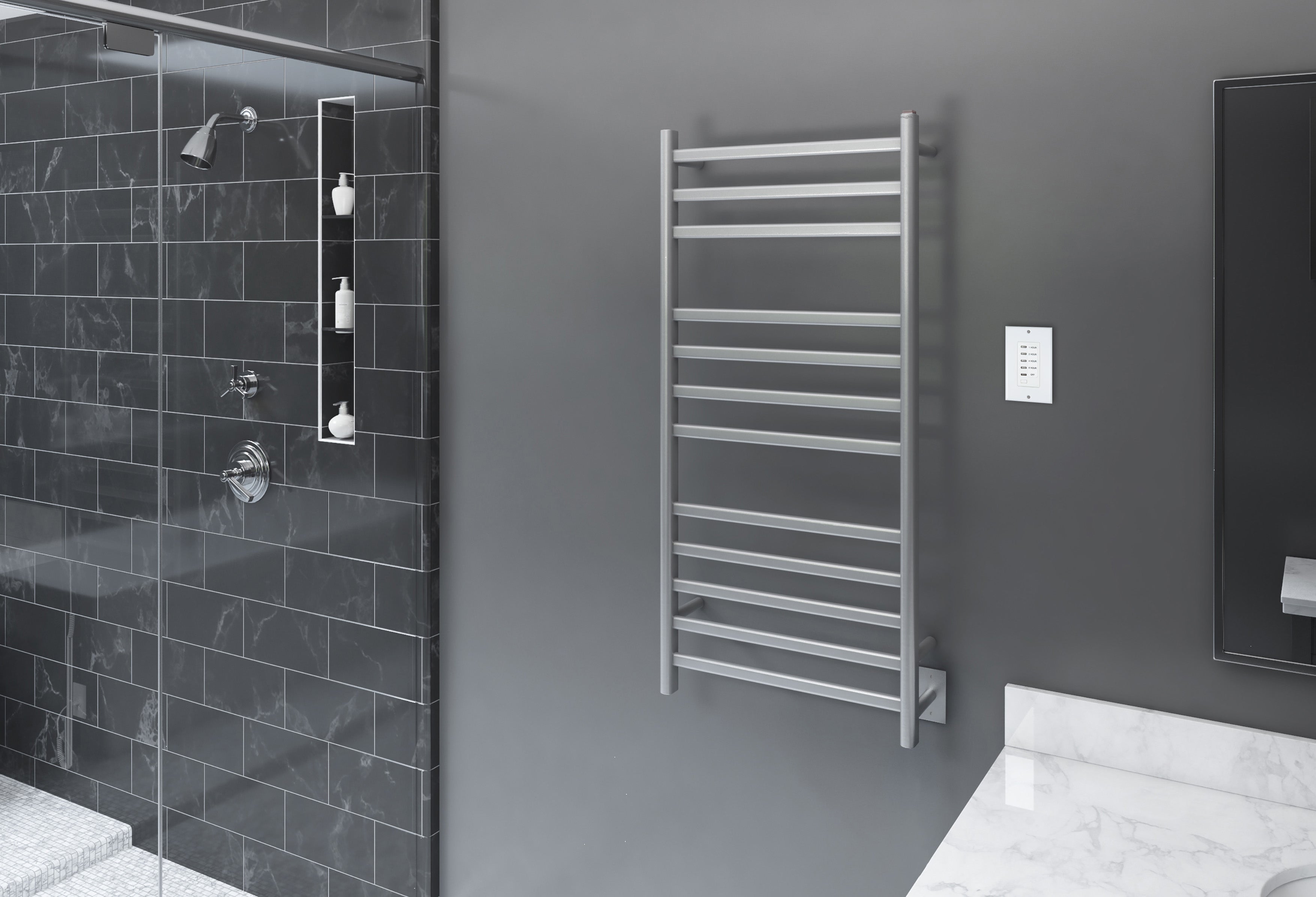 Prima Dual XL 12-Bar Hardwired and Plug-in Electric Towel Warmer in Brushed Stainless Steel with Wall Countdown Timer