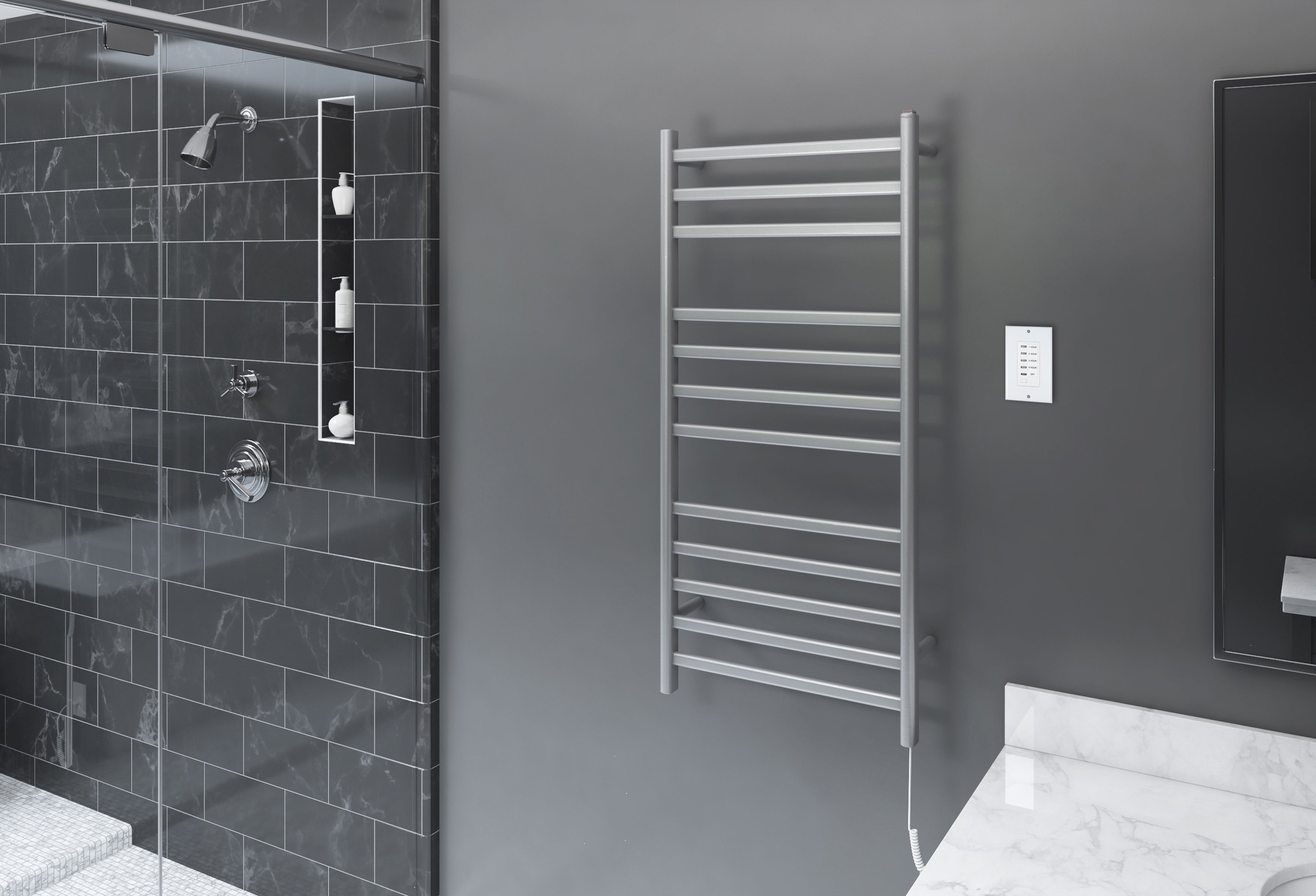 Prima Dual XL 12-Bar Hardwired and Plug-in Electric Towel Warmer in Brushed Stainless Steel with Wall Countdown Timer
