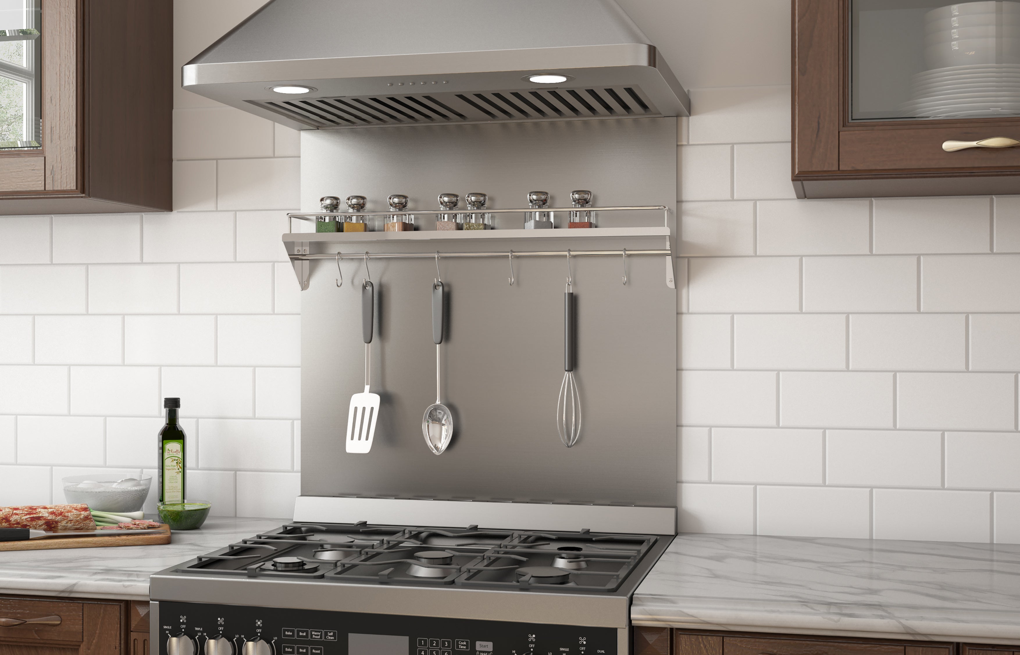 30 in. Stainless Steel Backsplash with Shelf and Rack