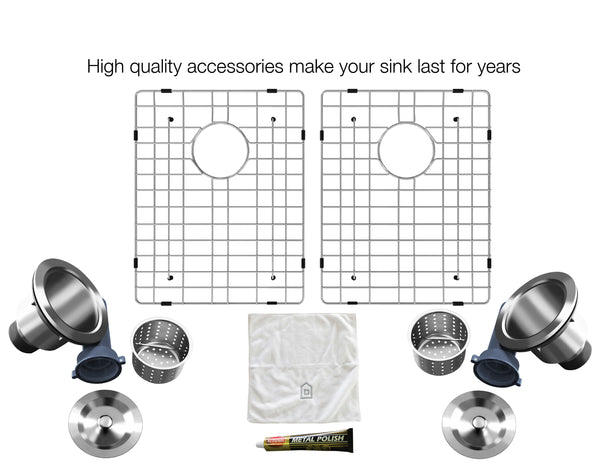 Prestige Series Farmhouse Apron Undermount Stainless Steel 33 in. 50/50 Double Bowl Handmade Sink with Grid and Strainer