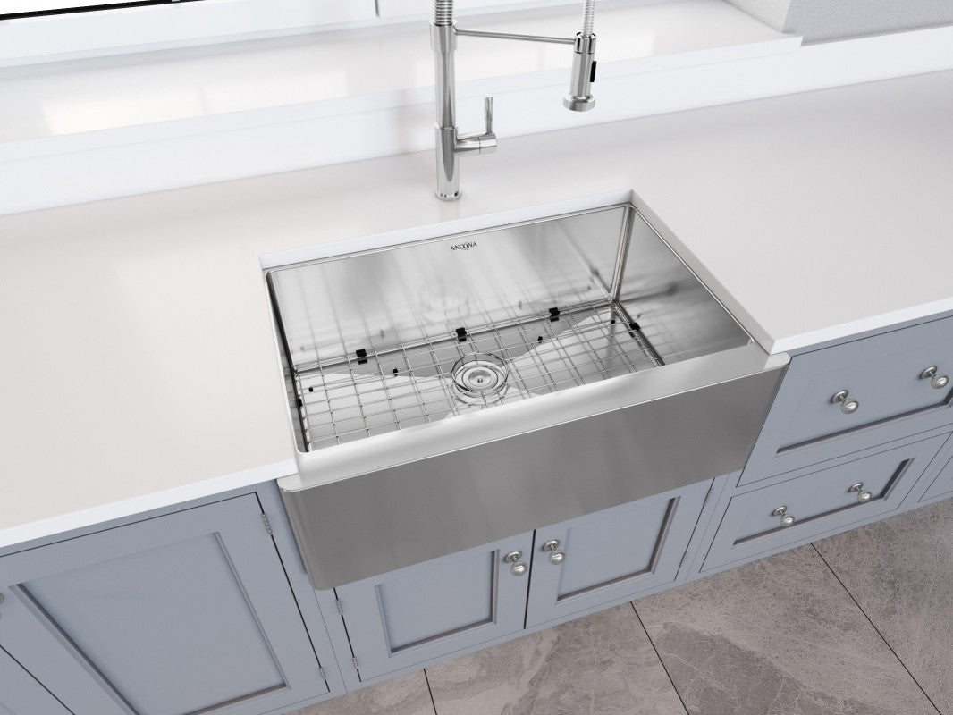 Prestige Series Undermount Farmhouse Apron Front Stainless Steel 30 in. Single Bowl Handmade Sink with Grid and Strainer