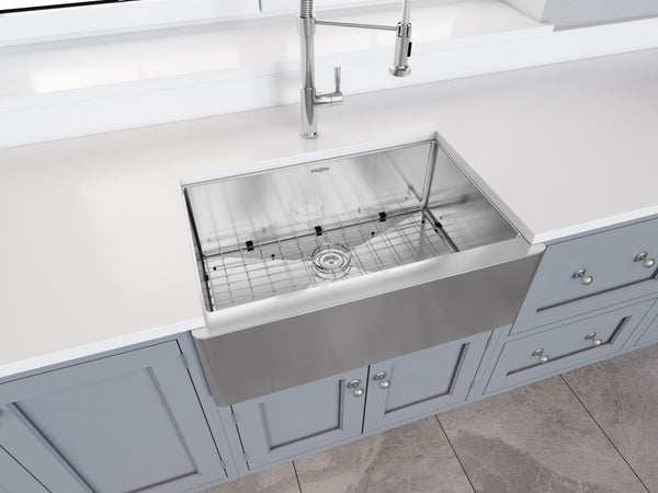 Prestige Series Undermount Farmhouse Apron Front Stainless Steel 30 in. Single Bowl Handmade Sink with Grid and Strainer