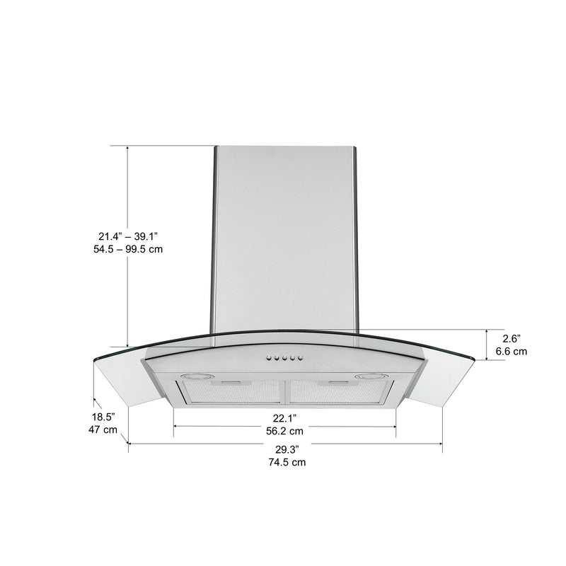 Hotte de cuisine murale convertible 30 po 280 cfm de verre en acier inoxydable