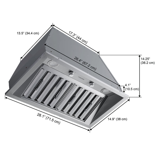 Ancona Pro - Hotte de cuisine encastrable à conduit de 28 po 600 pi3/min en acier inoxydable