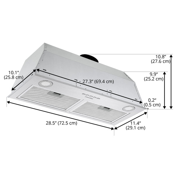 Ancona hotte de cuisine encastrable à conduit de 28,5" avec moteur de 440 pi3/min en acier inoxydable