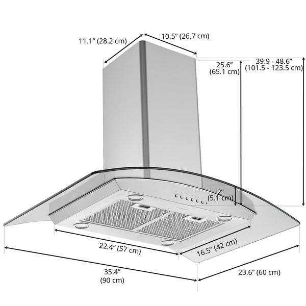 Hotte de cuisine convertible en acier inoxydable et à auvent en verre pour îlot – 91,44 cm (36 po)