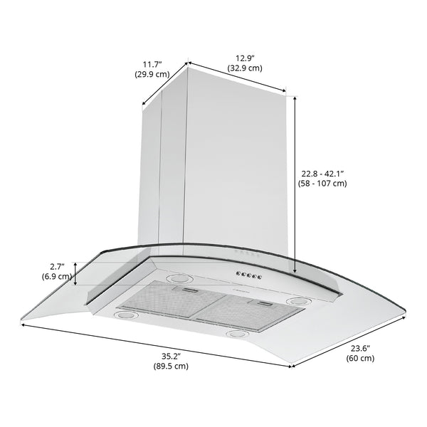 Ancona 36 in.  Convertible Island Mount Glass Canopy Range Hood in Stainless Steel