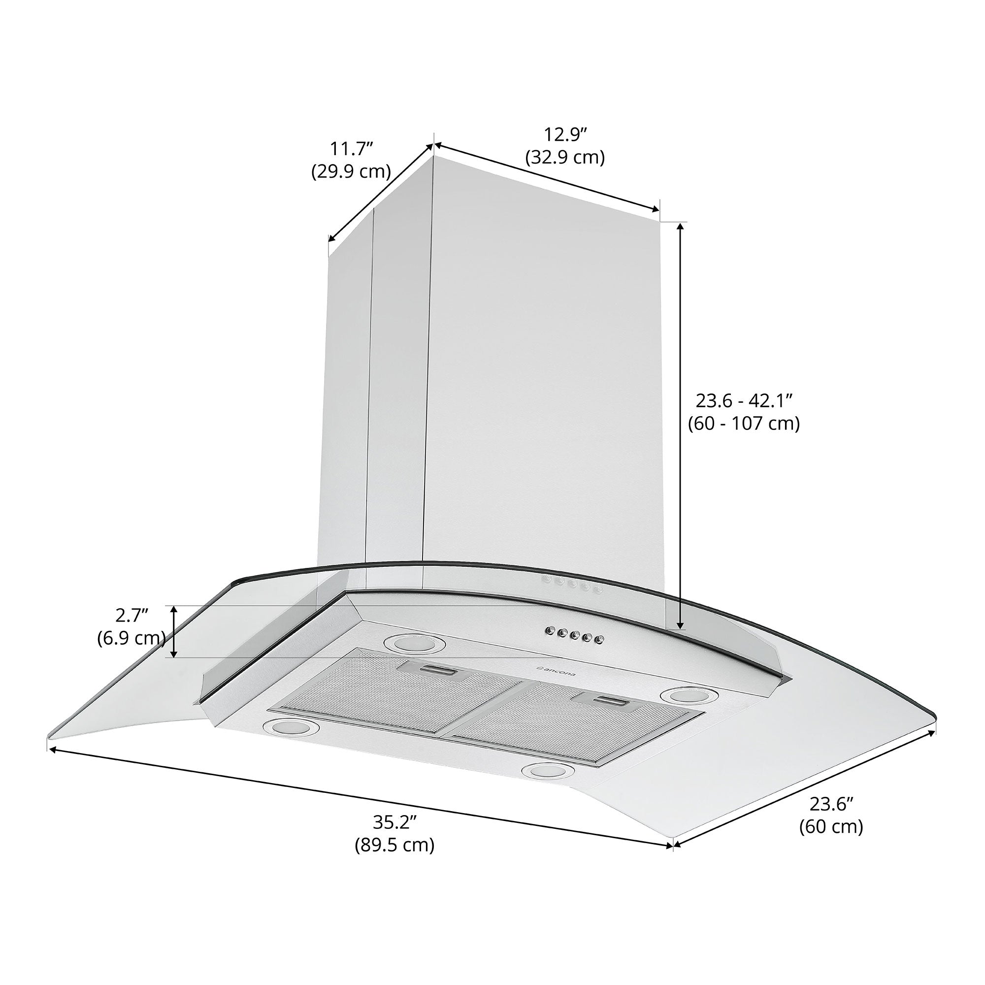 Ancona hotte de cuisinière pour îlot convertible avec auvent en verre de 36 po en acier inoxydable