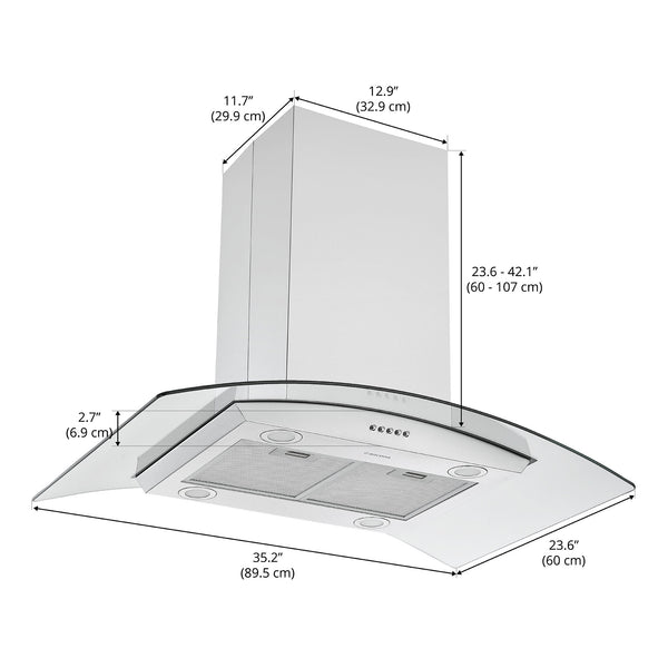 Ancona hotte de cuisinière pour îlot convertible avec auvent en verre de 36 po en acier inoxydable
