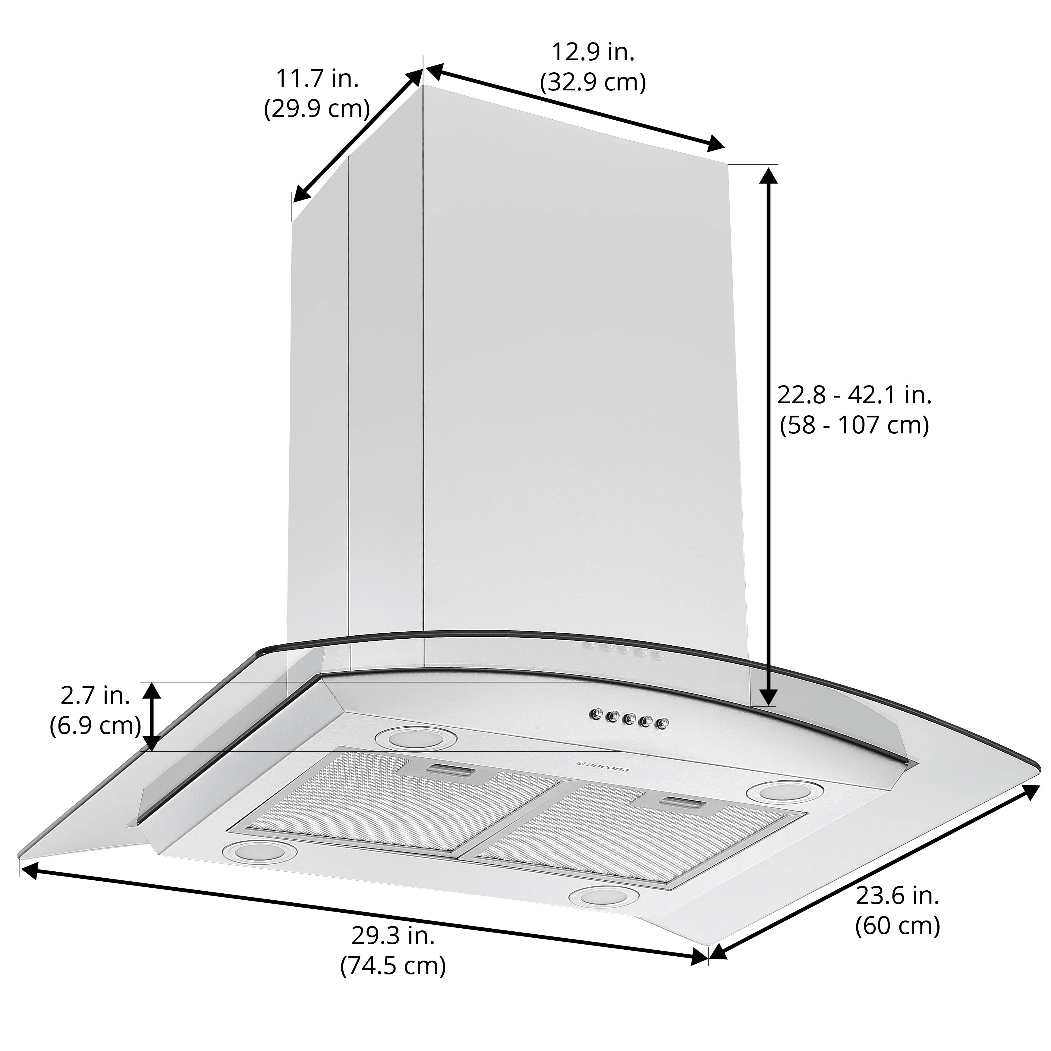 Hotte de cuisinière pour îlot convertible avec auvent en verre de 30 po en acier inoxydable