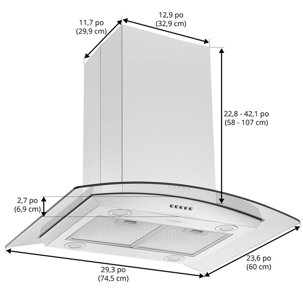 Hotte de cuisinière pour îlot convertible avec auvent en verre de 30 po en acier inoxydable