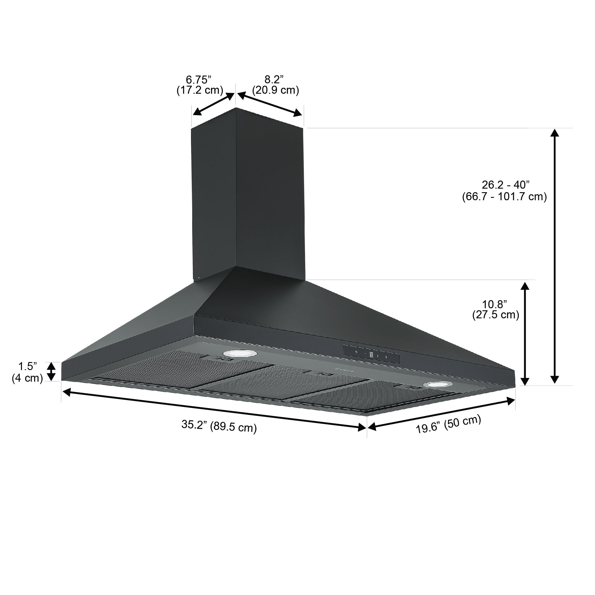 Ancona hotte de cuisine pyramidale convertible à fixation murale de 36 po 440 pi3/min en noir mat