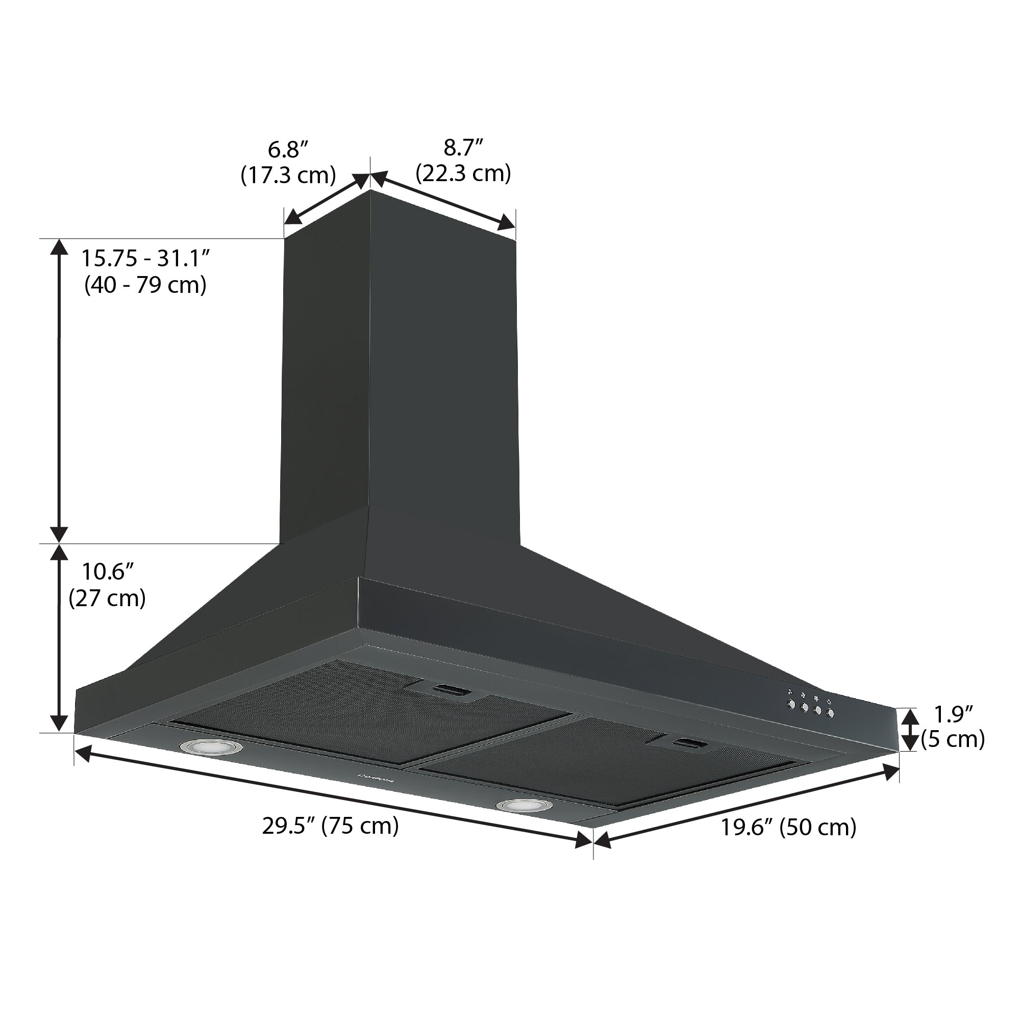 Ancona hotte de cuisine pyramidale convertible à fixation murale de 30” 450 pi3/min en acier inoxydable noir