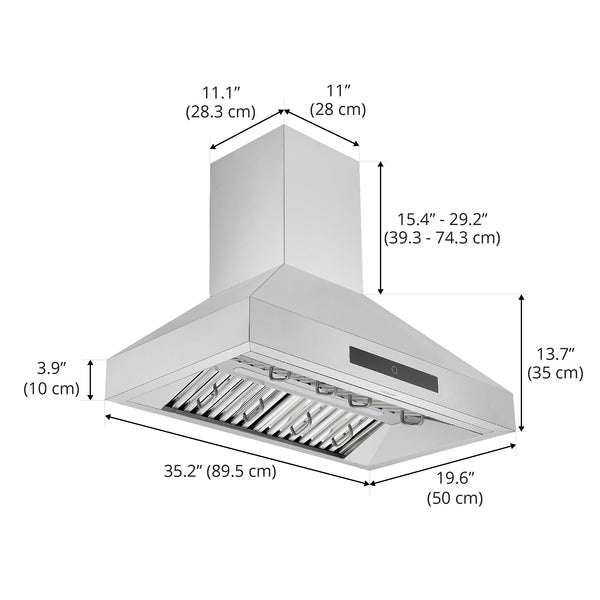 36" 600 CFM Ducted Wall Mount Pyramid Range Hood in Stainless Steel 
