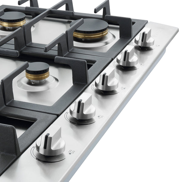 Ancona 34" Stainless Steel Recessed Gas Cooktop with 5 Brass Burners and Cast Iron Pan/Wok Supports