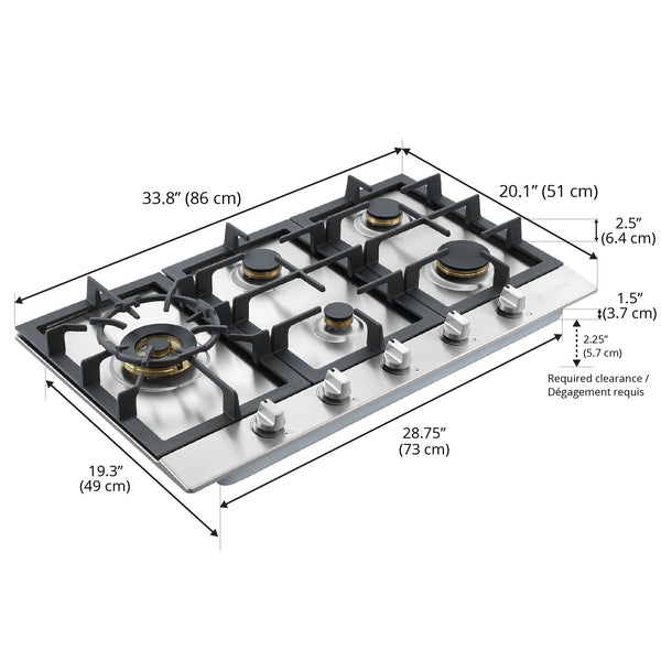 Ancona 34" Stainless Steel Recessed Gas Cooktop with 5 Brass Burners and Cast Iron Pan/Wok Supports