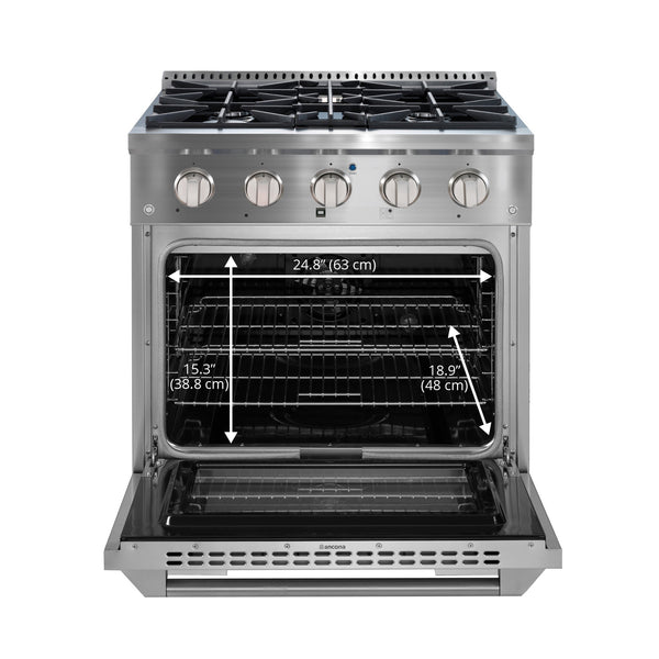 Ancona 30” 4.2 cu. ft. Dual Fuel Range with 4 Burners and Convection Oven in Stainless Steel