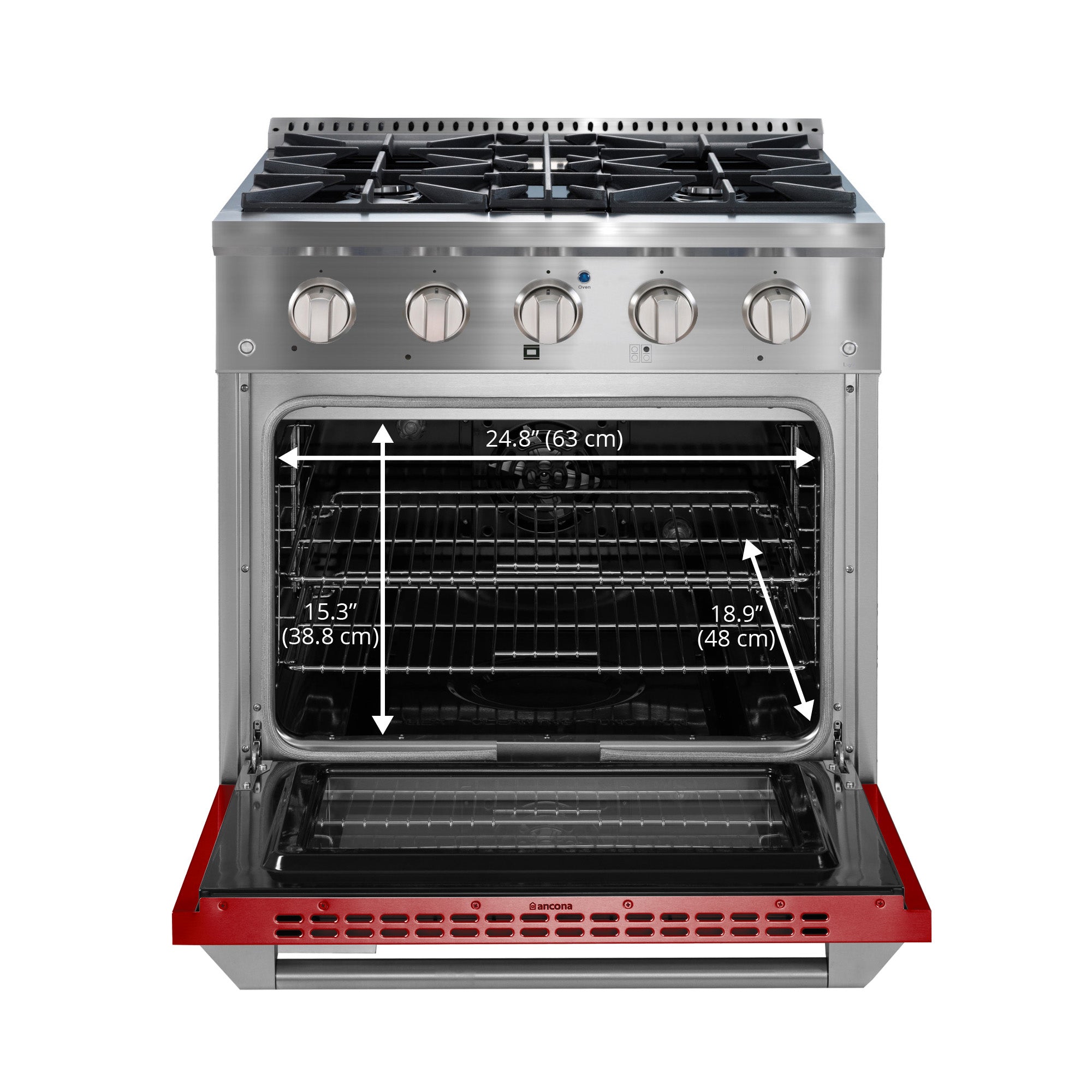 Ancona 30” 4.2 cu. ft. Dual Fuel Range with 4 Burners and Convection Oven in Stainless Steel with Red Door