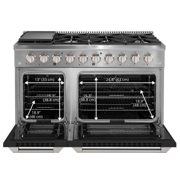 Ancona cuisinière à gaz de 48” 6,7 pi. cu avec 8 brûleurs avec four électrique à convection double avec portes noire