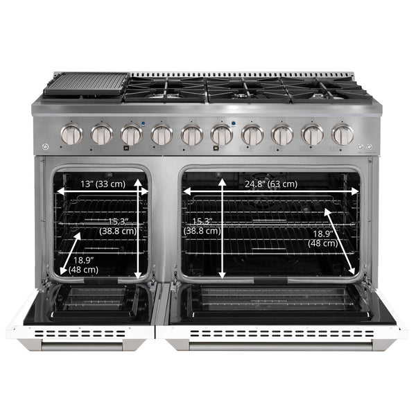 Ancona 48” 6.7 cu. Ft Double Oven Dual Fuel Range with 8 Burners, Griddle and Convection Ovens in Stainless Steel and White