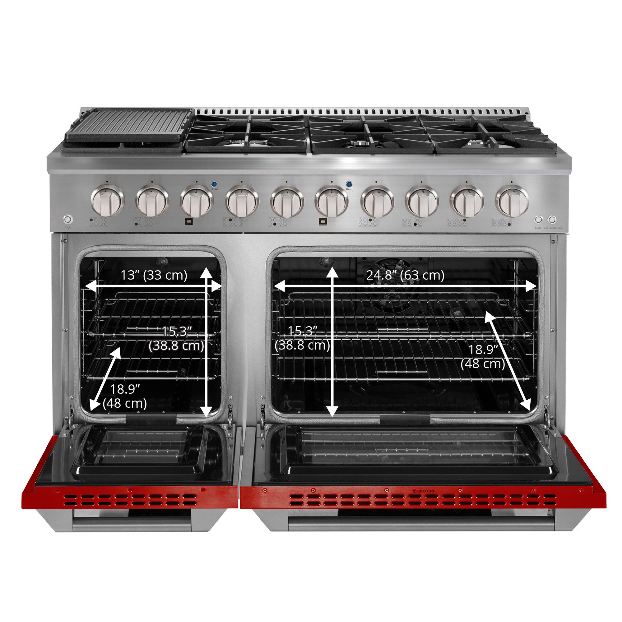 Ancona 48” 6.7 cu. Ft Double Oven Dual Fuel Range with 8 Burners, Griddle and Convection Ovens in Stainless Steel and Red